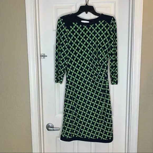 Donna Morgan Navy and Green Geometric Print Dress Size 6 - Picture 2 of 10